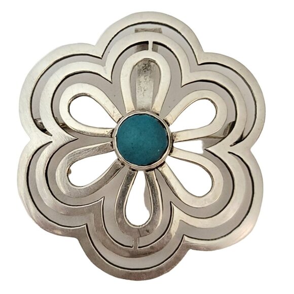 Sterling Silver Mexico Round Flower Cutout Turquoise Flower Brooch Pendant - Picture 8 of 8